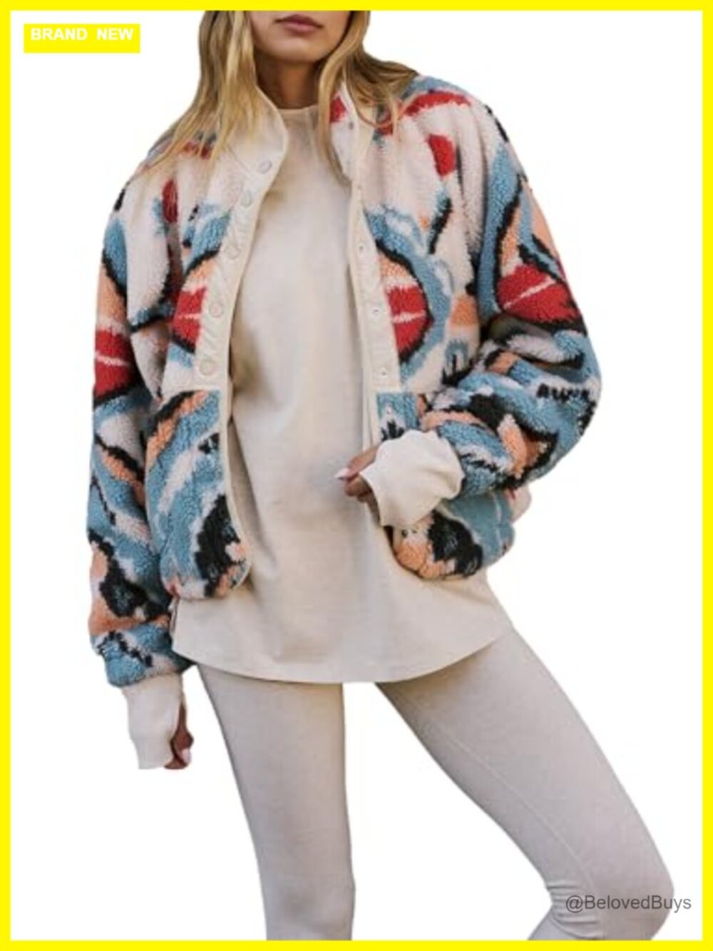 Women's Printed Sherpa Fleece Jacket Button Down Fuzzy Coat